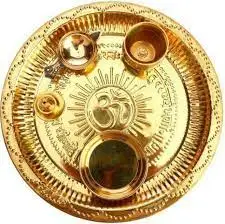 Brass puja plate gold plated puja gift set Plate aarti thali Golden Brass Pooja Article for Diwali Home Decor Temple Office 6-in