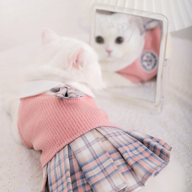 Dog Dress Cat Apparel Puppies Cute Clothes Pet Ribbon Checkered Dress High Quality Less Price
