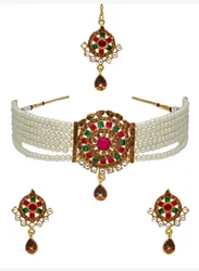 Traditional Choker Necklace Set in Gold finish Green Artificial Stone Indian Pearls Choker Necklace with Earring and Maang Tikka