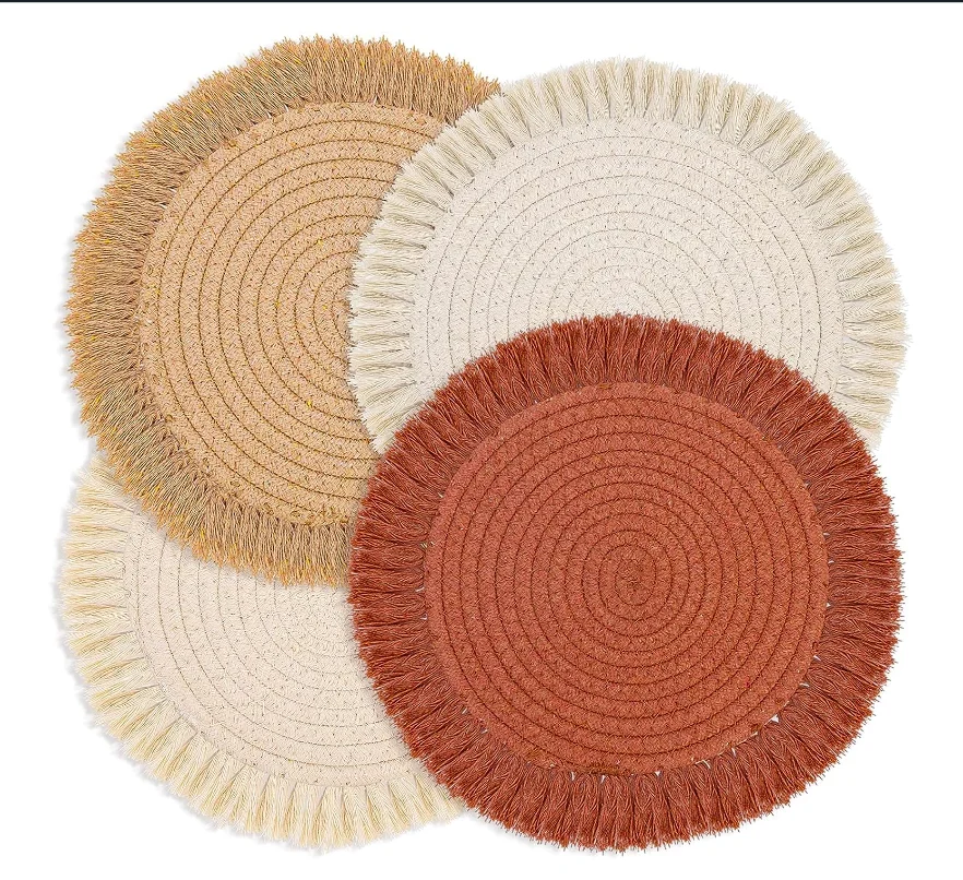 Round Cotton Placemat Set of 4 Boho Placemats Table Mats Woven Mandala Tassels Washable Woven Mandala Tassels Washable