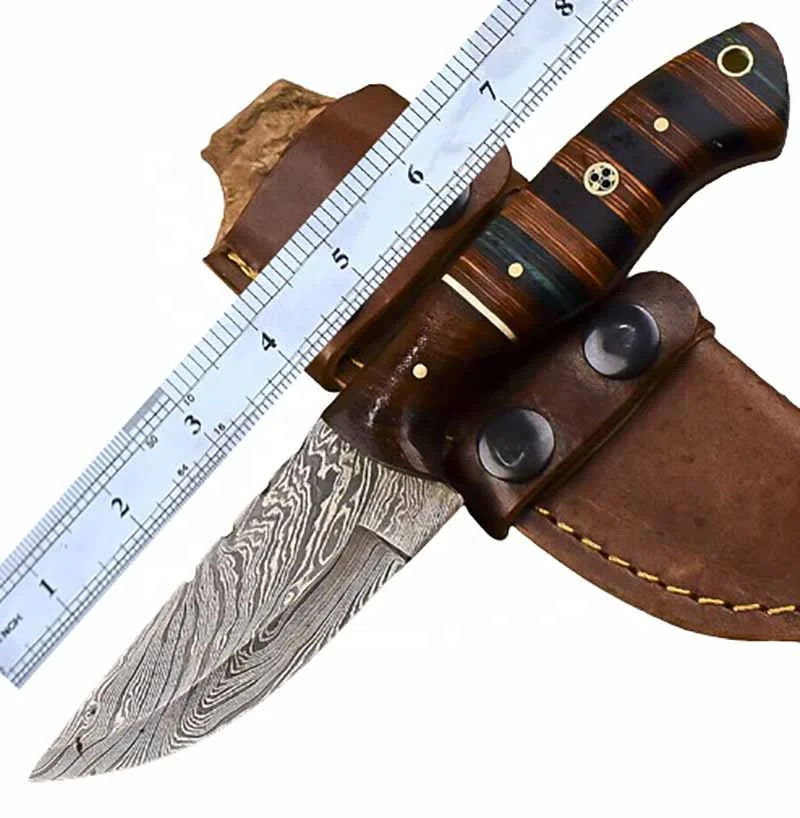 2022 Mini Pocket Carry Knife Fixed Blade Hand Made Skinning Knife Damascus Steel Knife With Leather Bag