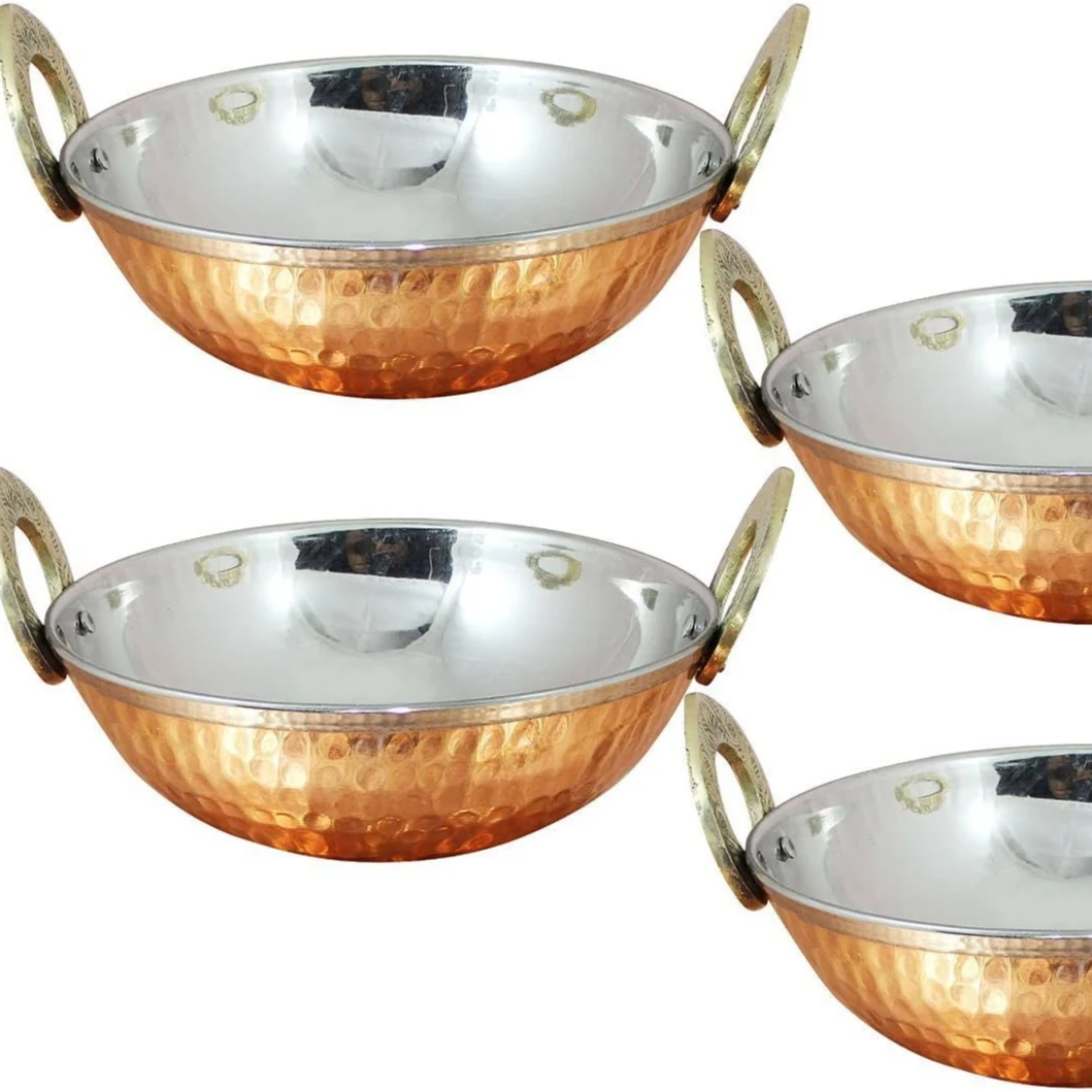 Wholesale Indian  Set of 4, Pure Copper, Stainless Steel Bowls with Solid Brass Handle Serveware Accessories Karahi Pan