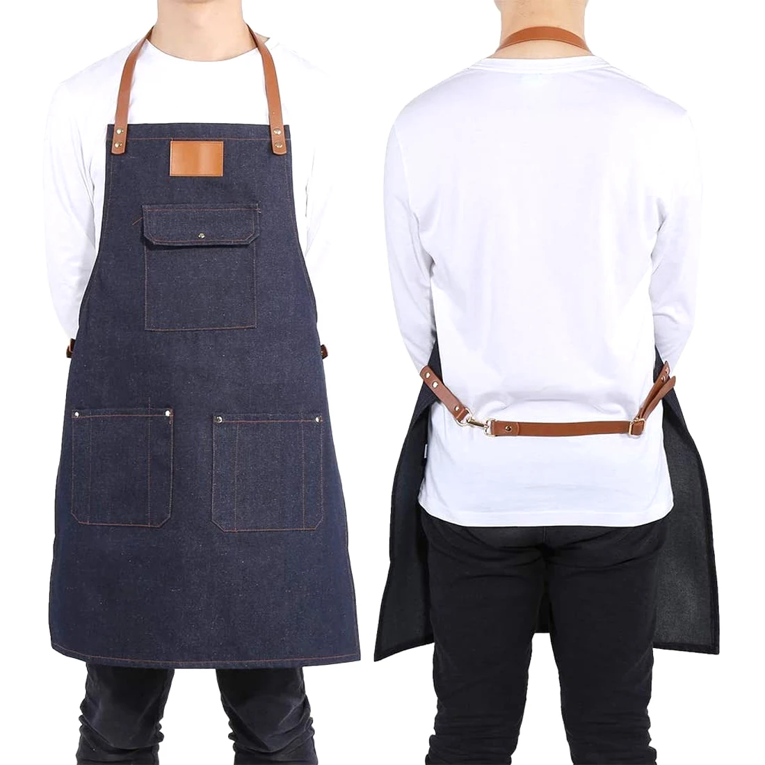 2022 New Denim Bib Apron for Women Men with Leather Strap Work Cook Uniform Apron