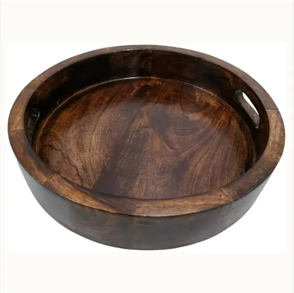 Indian Artisan Crafted Large Mango Wood Serving Tray with Modern Metallic Chrome Handle For Serving and Organizing Households