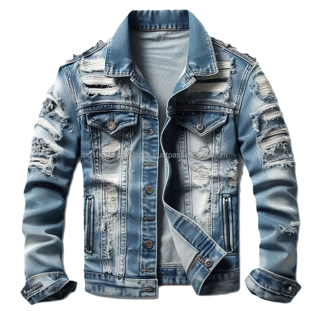 Custom Designed Distressed Denim Jacket with High Denier Fabric Washed Ripped Patterns Trending Styles Winter Pockets Collar