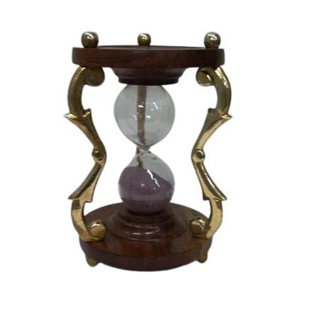 Metal & Glass Sand Timer With Antique Gold Plating Finishing Round Shape With Wheel Design Base For Measuring The Time