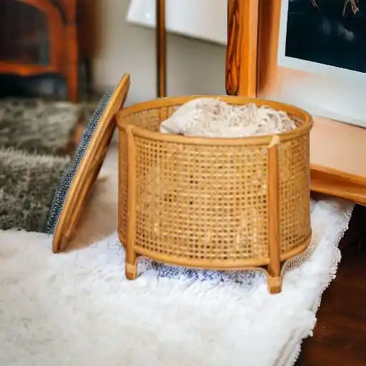 Decorative Round Bamboo and Rattan Kids Toy Storage Ottoman With Lid Woven Accent Stool Bone Inlay Console