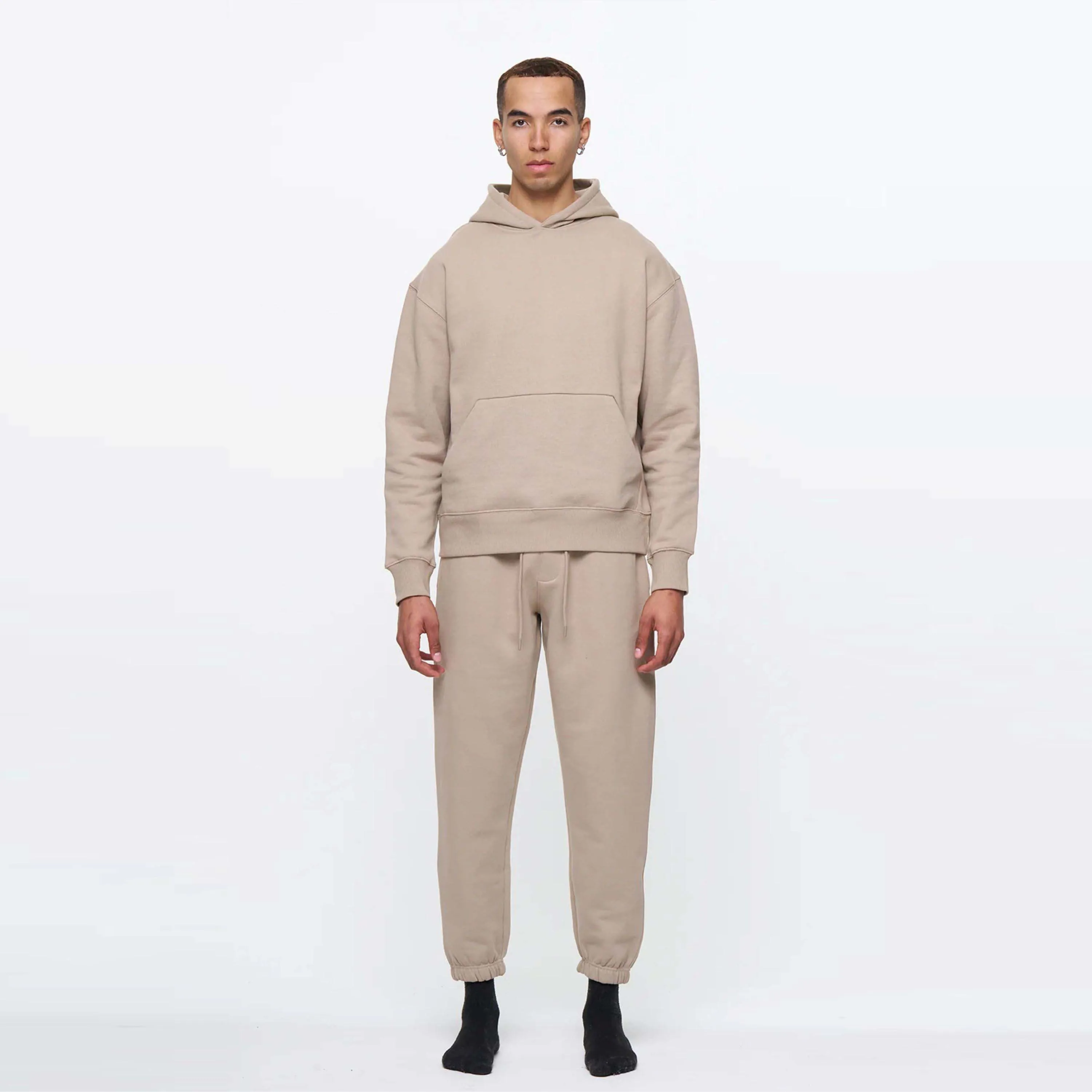 Men Heavyweight Fleece Beige Sweatsuit Set - Soft, Durable, and Warm Outfit for Lounging, Working Out