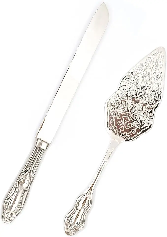 Sleek, Modern Gold Handles Add Sophistication To Both The Cake Cutter And Server Of This Wedding Cake Serving Set.