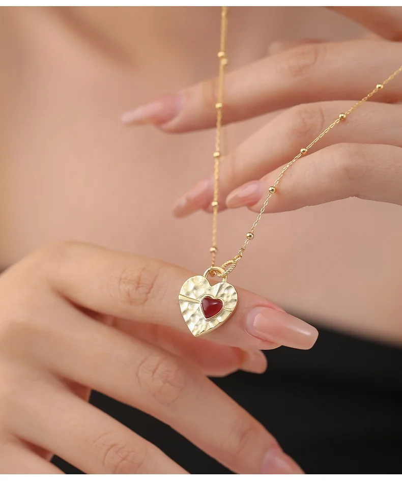 Trendy new sterling silver 925 gemstone jewelry 18k gold red agate onyx heart lock shape pendant necklace for women