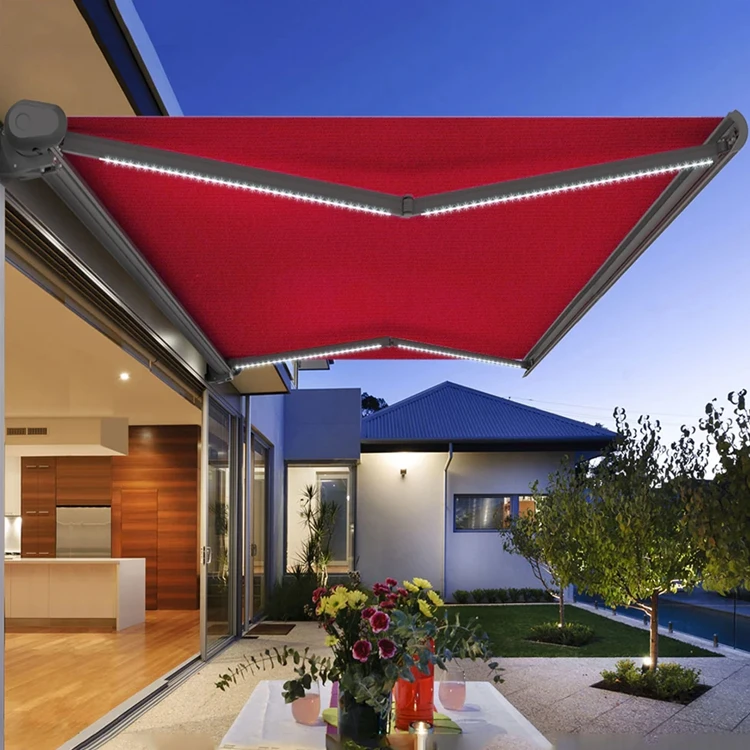 Custom Remote Control Full Cassette Retract Awning Outdoor Motorized Sun Canopy  7m Awning with Light