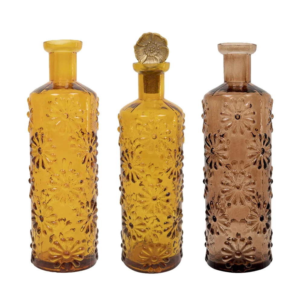 Modern Bottle Glass Vase Mouth Blown Captivating Sunflower embossed Glass Bottle Vase