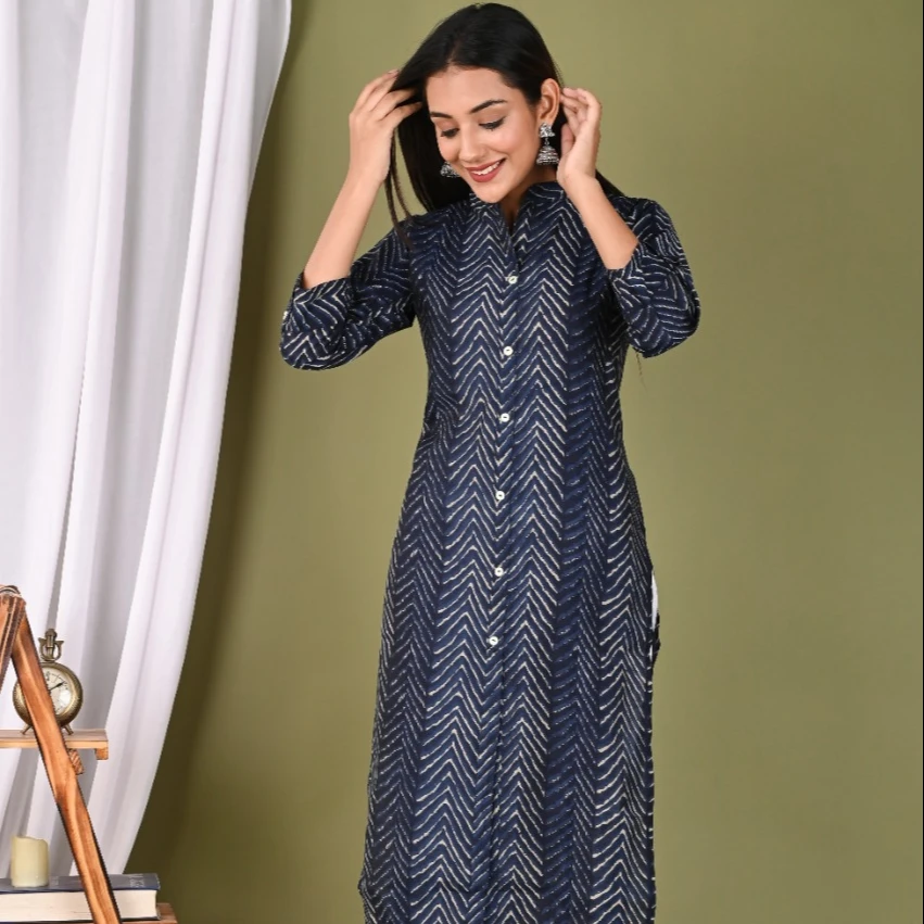 Women Fashion Printed Traditional Indian Kurti Designer Neck Long Sleeve Elegant Casual Wear Dress muslin printed rayon kurti