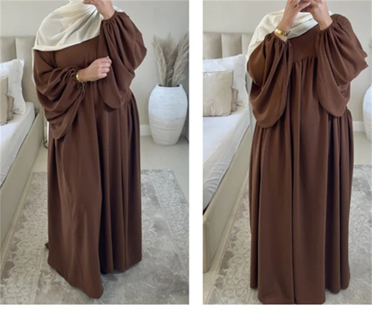 2023 Latest Design Dubai Abaya Solid Modest Dress Ramadan Eid Mubarak Kaftan Dubai Abaya Balloon Long Sleeve Maxi Dress