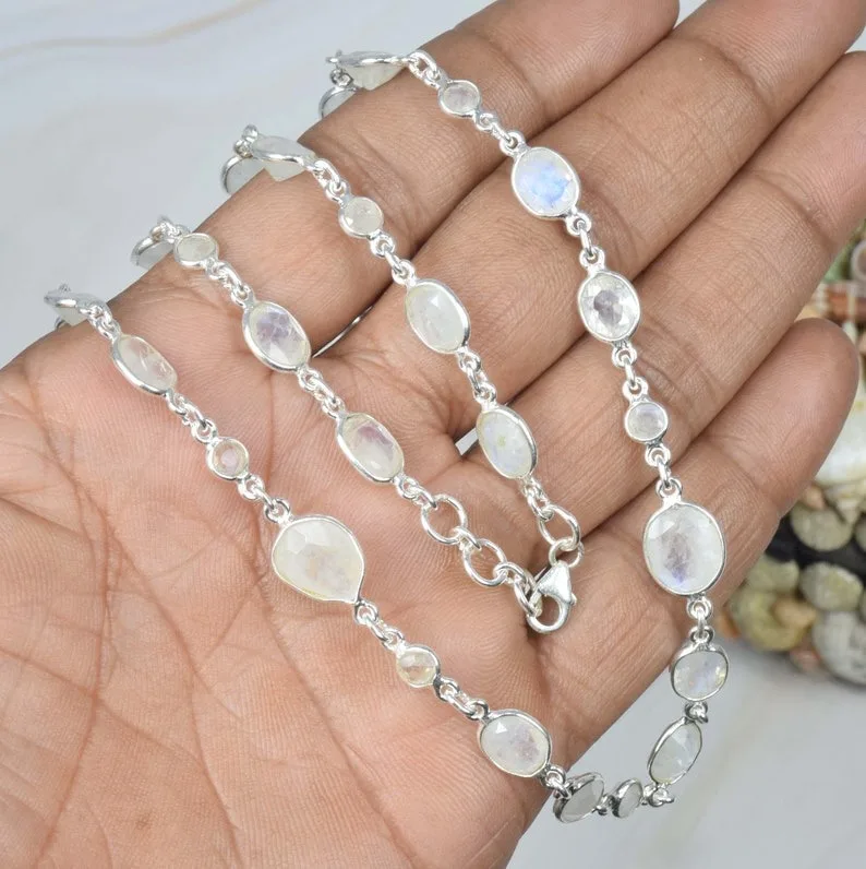 White Rainbow Moonstone 925 Sterling Silver June Stone Chain Necklace Convertible Bracelet Handmade Jewelry Gift For Christmas