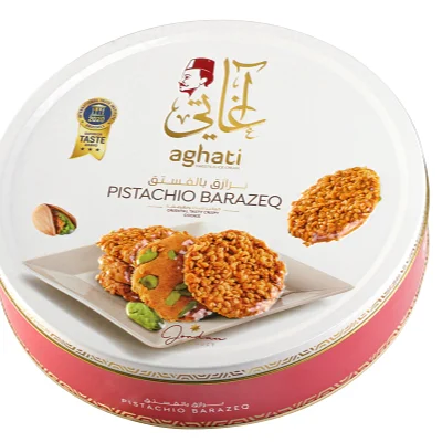 Trending and new top ranking Crunchy  Cookies Barazeik topped with pistachio and sesame in a round tin box 800 gram 1.764 pounds