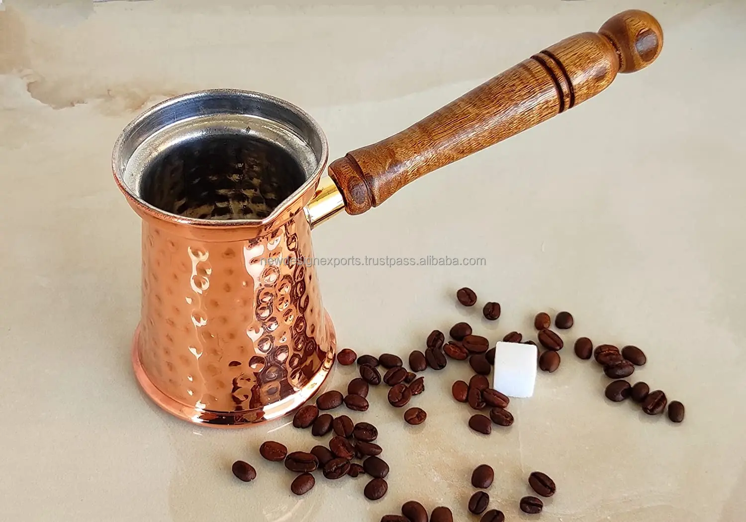 Turkish Greek Arabic Hammered Copper Coffee Pot Stovetop Coffee Maker Briki with Wooden Handle, (Copper)