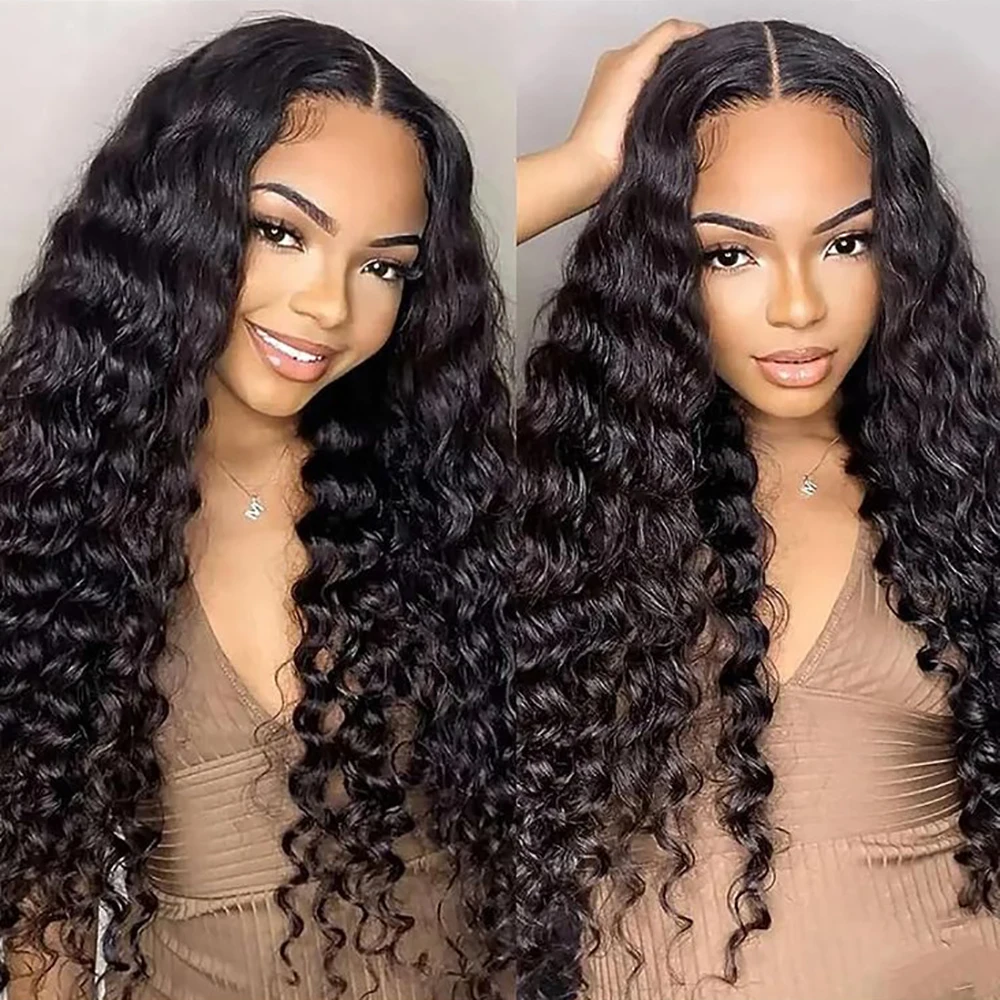 Long Transparent Lace Closure Wig 100% Unprocessed Virgin Human Hair for Black Women Deep Wave Style with Baby Hair