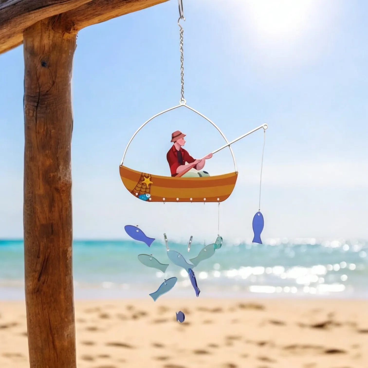 Whimsical Fisherman Hanging Mobile - Acrylic and Metal Construction for Coastal Home Decor