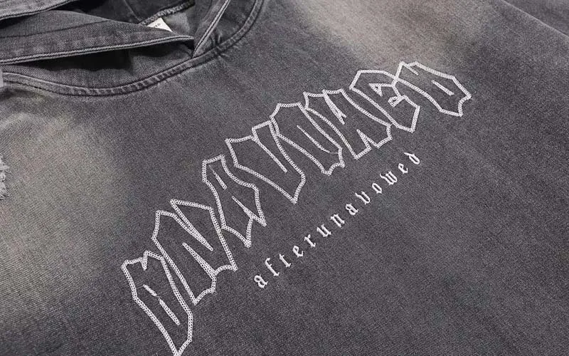 Custom Streetwear Ripped Embroidery Letter Distress Denim Jacket Hoodie Drop Shoulder Vintage Washed Denim Tears Hoodie For Men