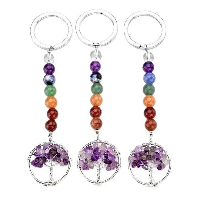 Tree of Life Crystals Amethyst  Gemstone Pendant Keychain with 7 chakra  Natural Healing Stones Key Ring