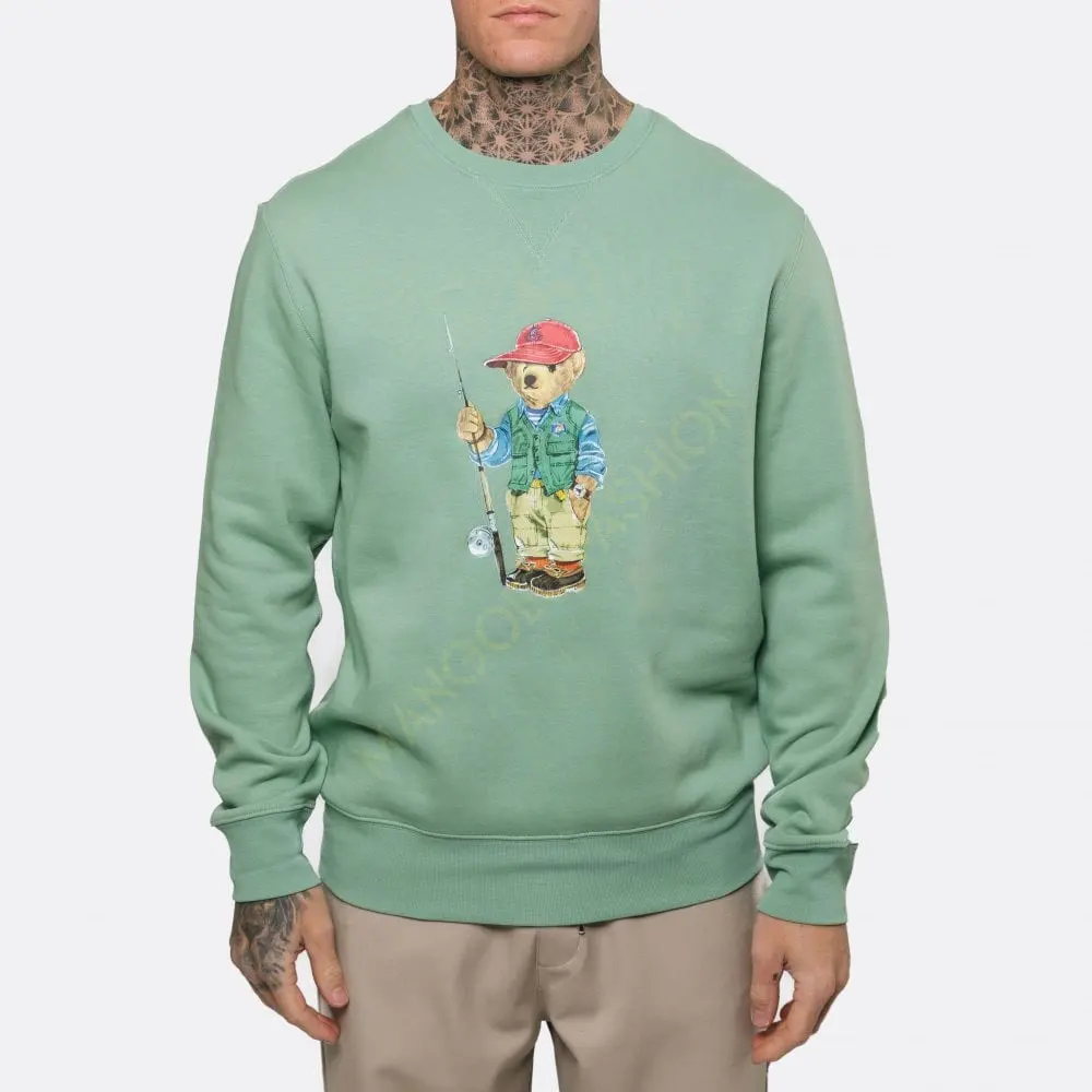 Wholesale Mint Green Fishing Bear Sweatshirt New Style High Quality Affordable Price Trendy Sweatshirts Men Women