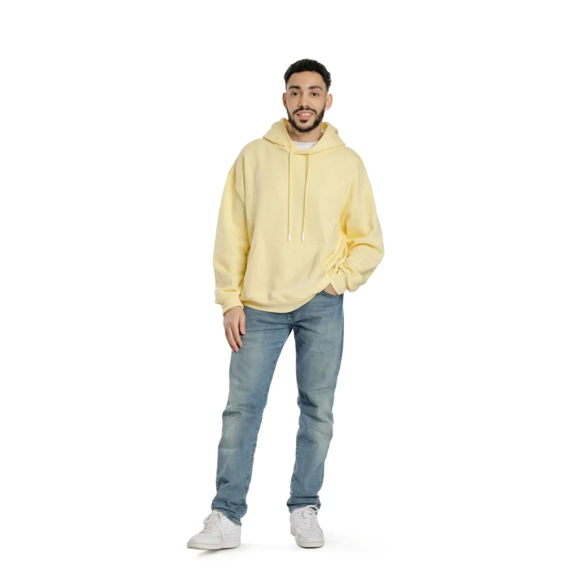 60% Cotton 40% Polyester Mens Premium Fleece Relaxed Sweatsuit Set in Banana Yellow with Pockets and Soft Brushed Inside