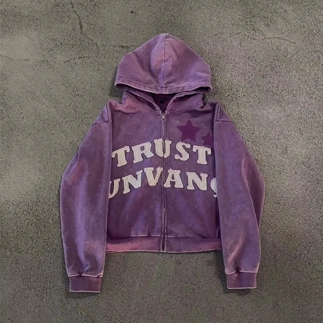 High Quality No String Cotton zip up Hoodie Chenille Custom Embroidery Men Acid Washed Drop Shoulder Hoodie