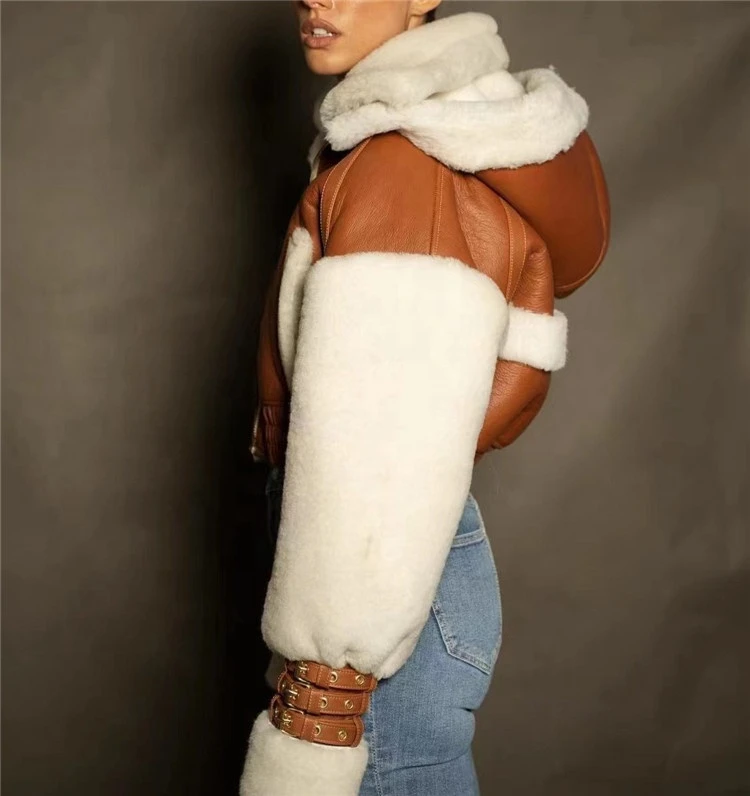 Thicken Faux Pu Leather Wool Fur Jacket Women Patchwork  Fashion Short Hooded Coat