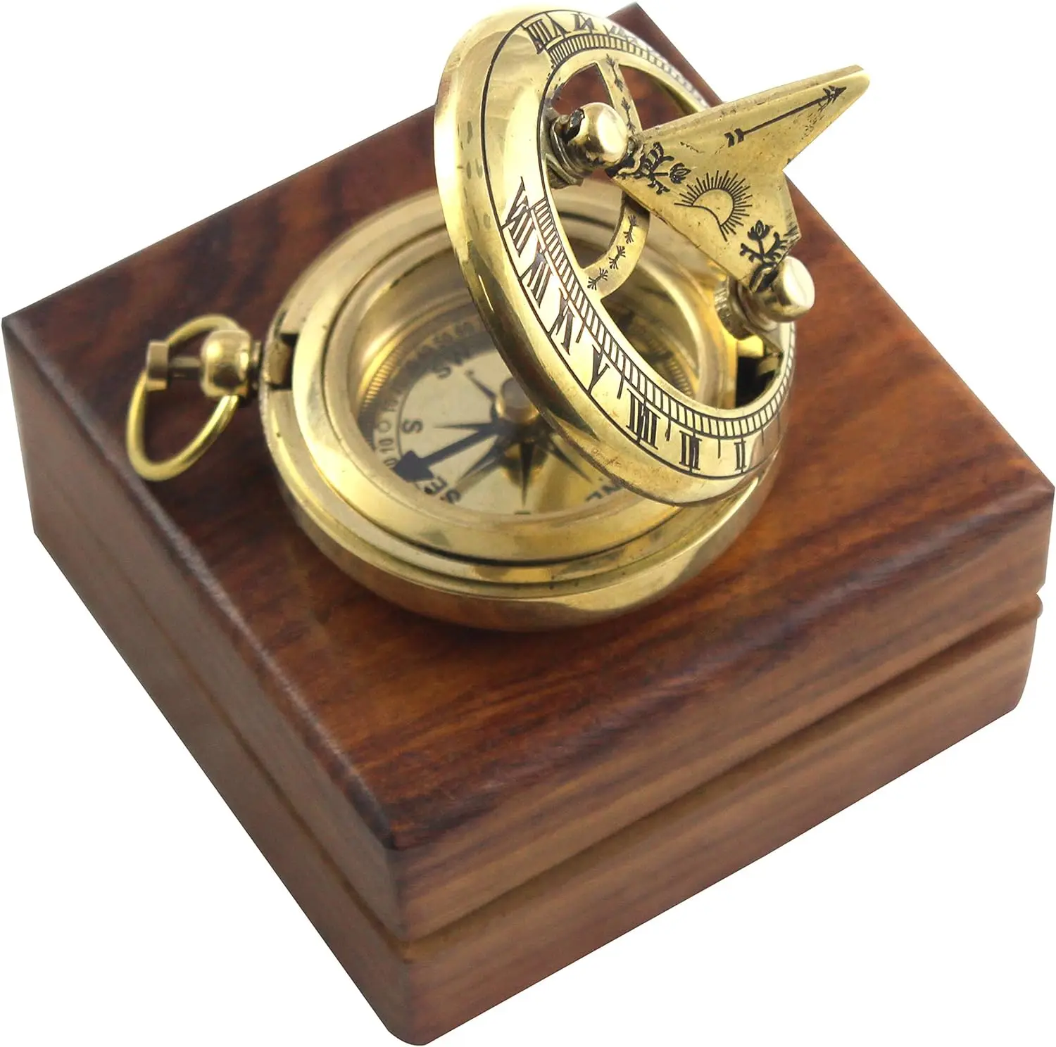 Marine Sundial Compass with Nautical Solid Wooden Box Vintage Brass Ship Navigate Device Nautical Gift Collection