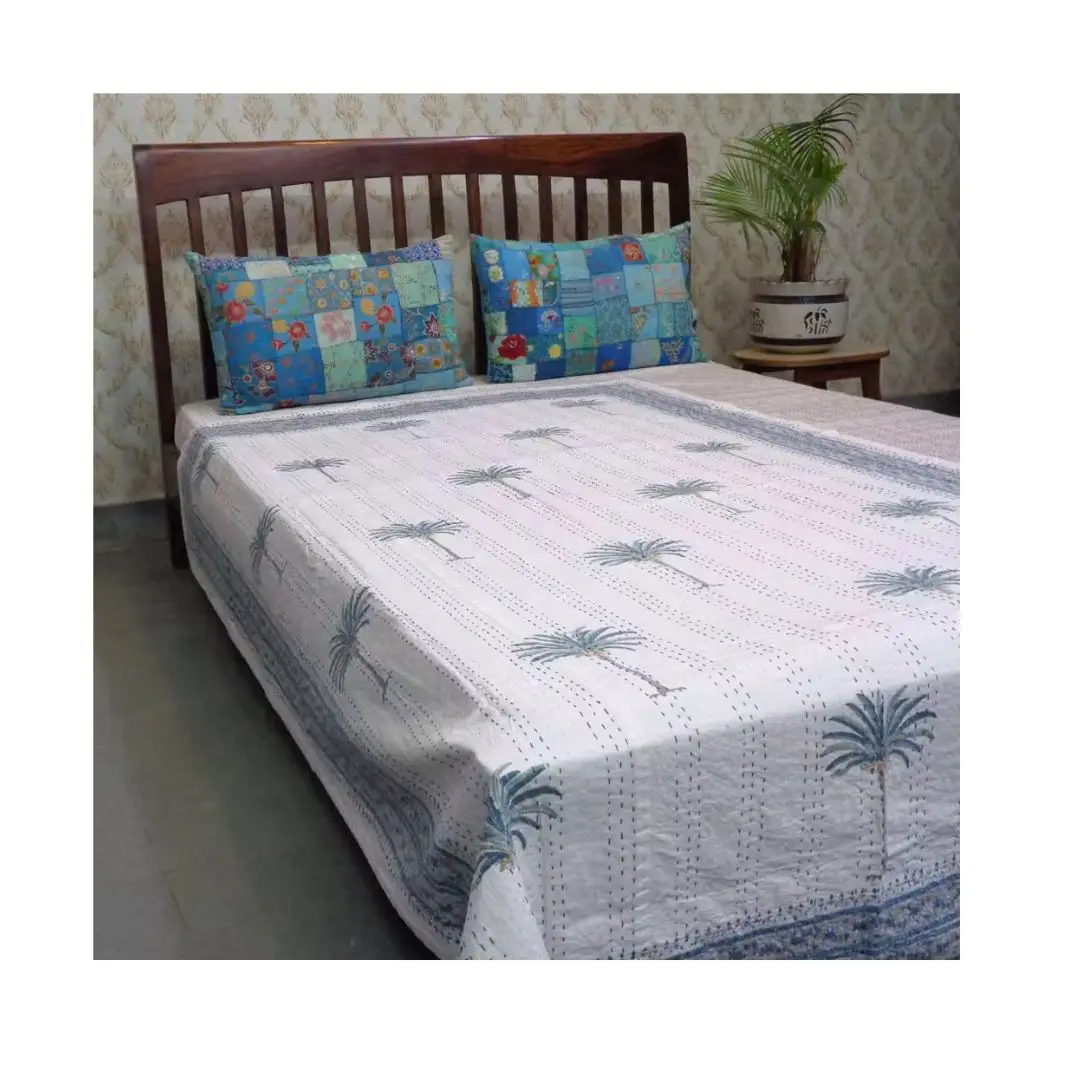 Винтажный Комплект постельного белья из индийского хлопка Kantha оптом стеганые одеяла ручной работы для кровати с лоскутным дизайном и стегаными одеялом