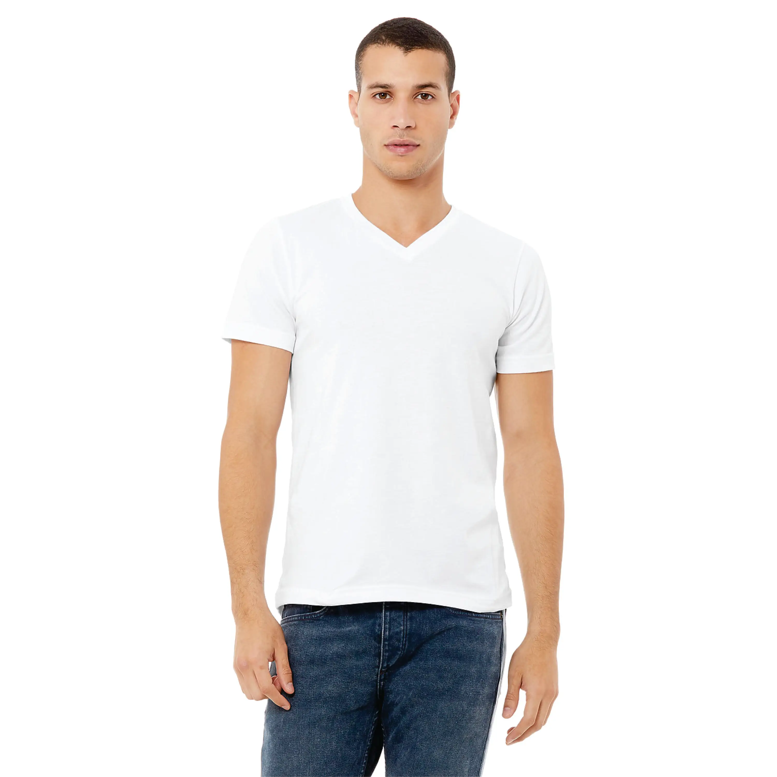 100% Airlume Combed and Ring Spun Cotton 32 Single 4.2 oz White Essential Unisex Jersey Short Sleeve V-Neck T-Shirt