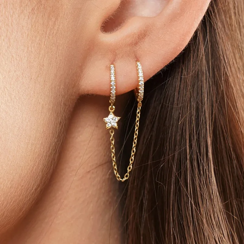 925 Silver Women Jewelry Korea Star Huggies Hoops Earrings Gold Plated Rhinestone