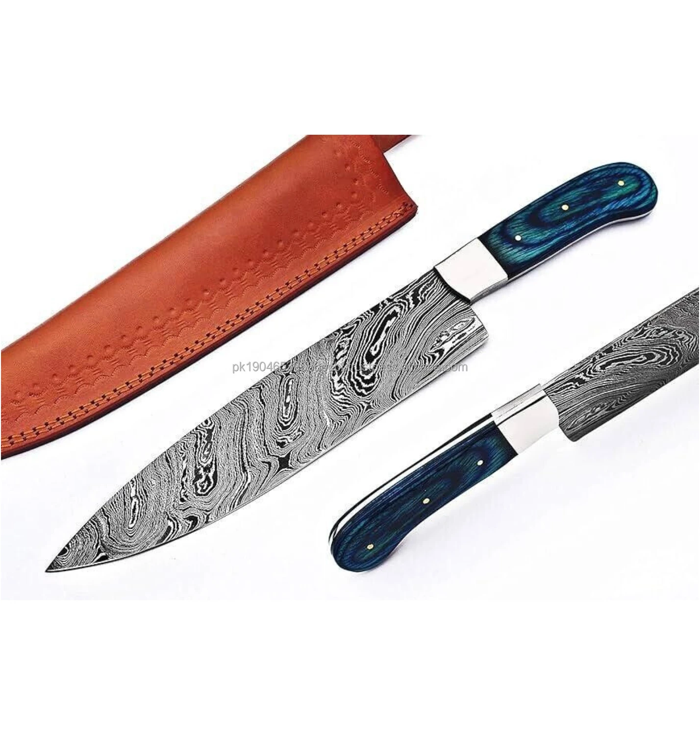 Wholesale Best Quality Damascus Steel Kitchen Knives OEM Custom Fixed Blade outdoor Kitchen Chef Knife With Leather Sheath