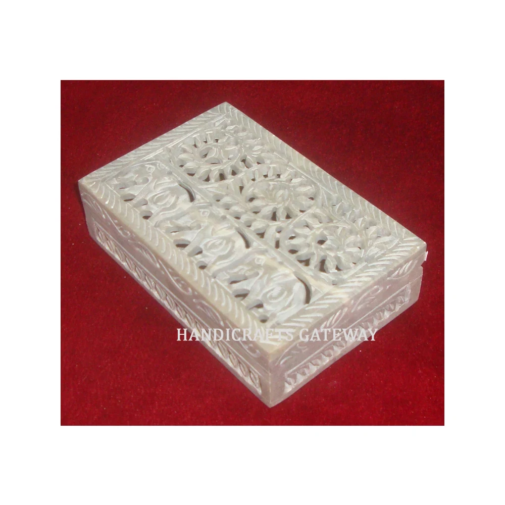 Beautiful Antique Shape With Elephant Design Natural Soapstone Carving Jewelry Box For Business Gift With Bulk Quantity Box