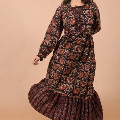 Cotton Hand Block Printed Bohemian Dress For Women  Designer Printed Maxi Standard Beach Wear Autumn Dress For Female