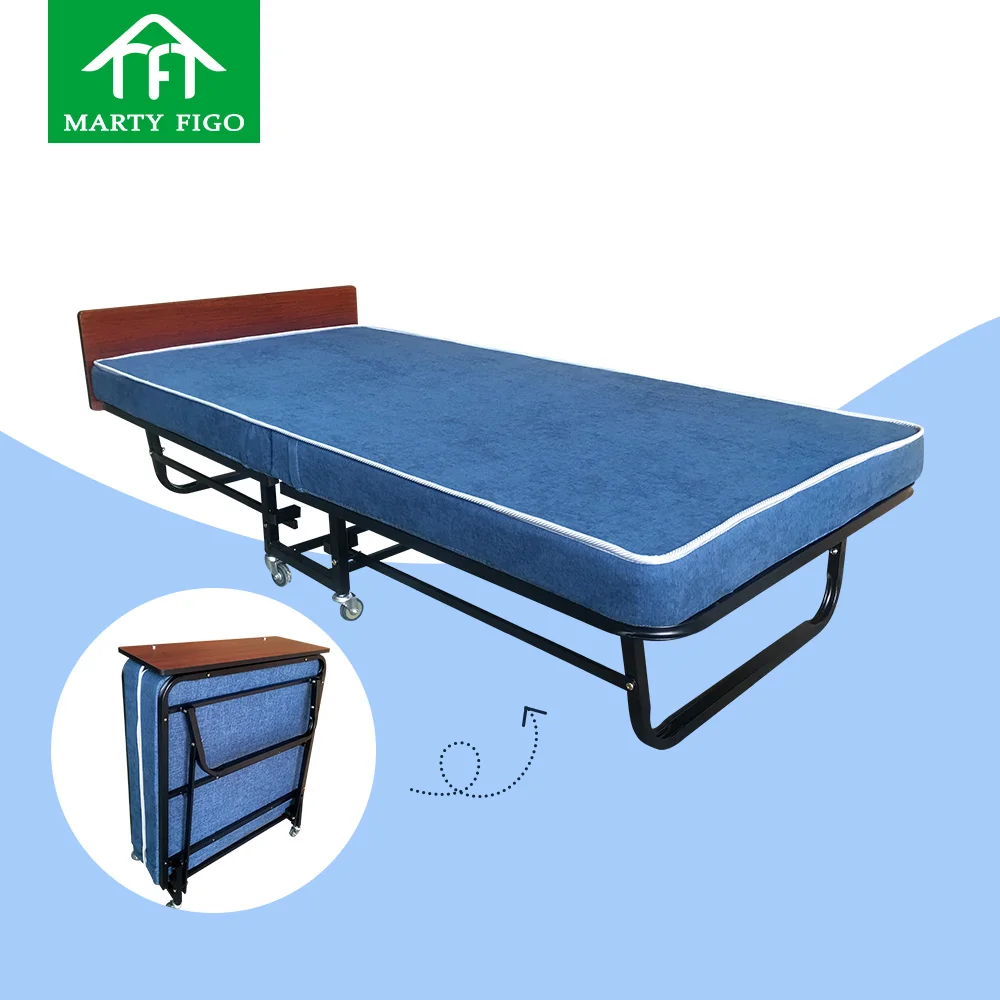 Fold up metal bed with mattress for adult office lunch hardwood hospital portable foldable rollaway guest bed hotel folding bed