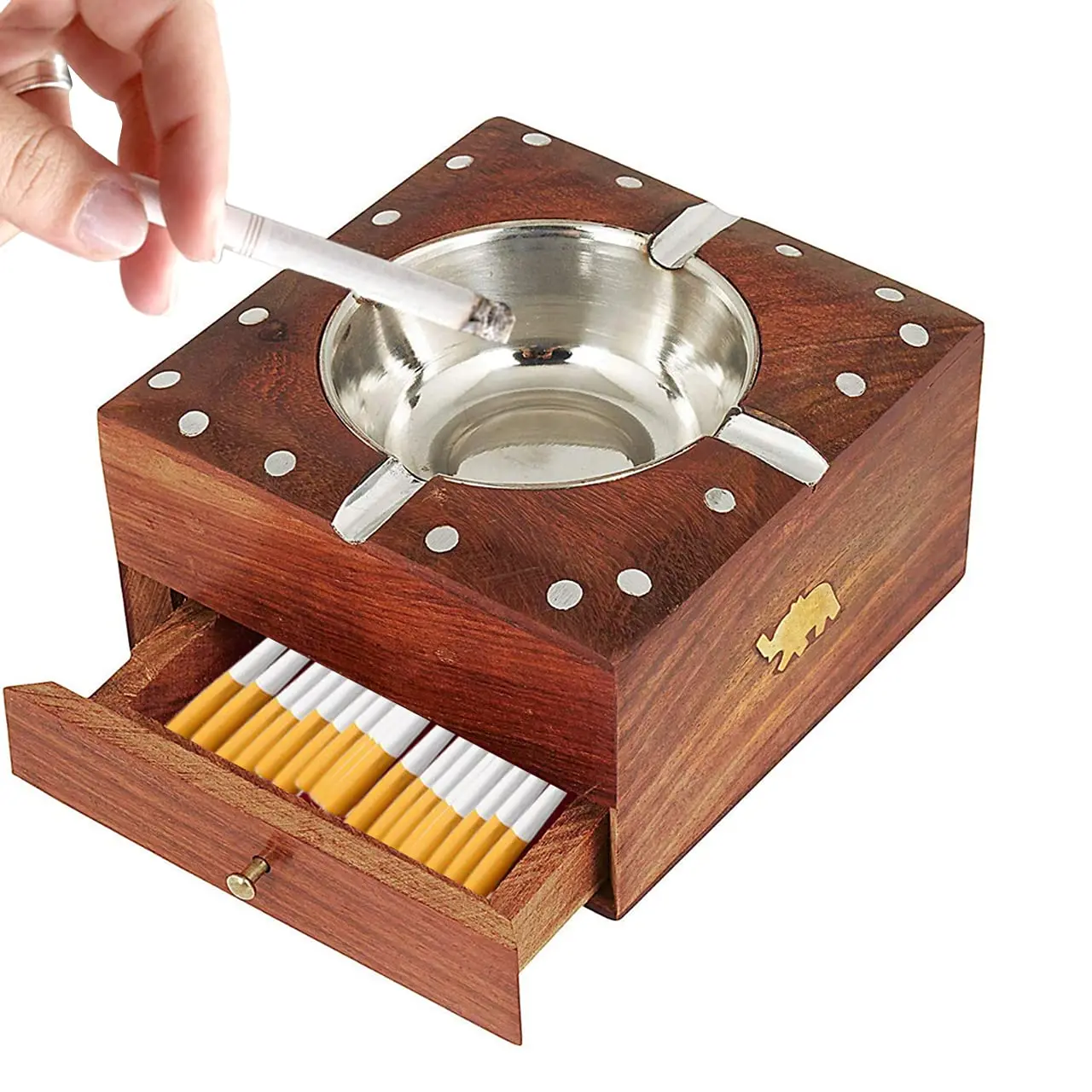 Wooden Cigarette Ashtray, Sheesham Wood Ash Tray with Drawer Smoke Ash Holder Tabletop
