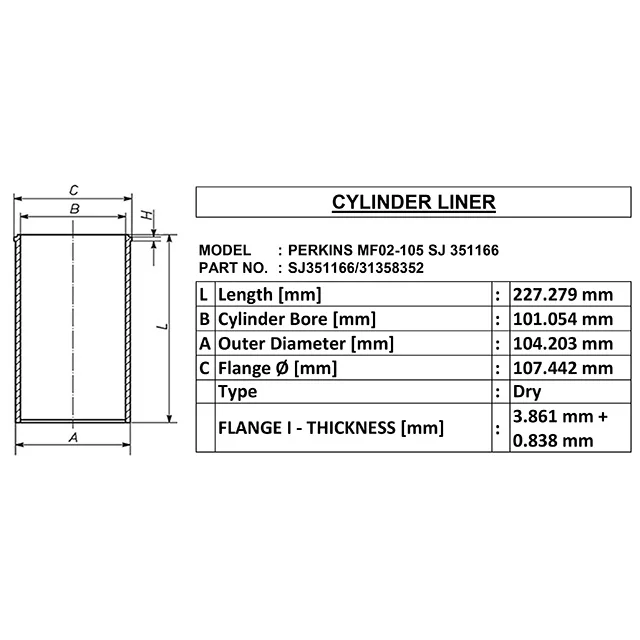 mf02-105 sj 351166 for Dry cylinder liner oe sj351166/31358352 id 101.054 od 104.203 length 227.279 made in india