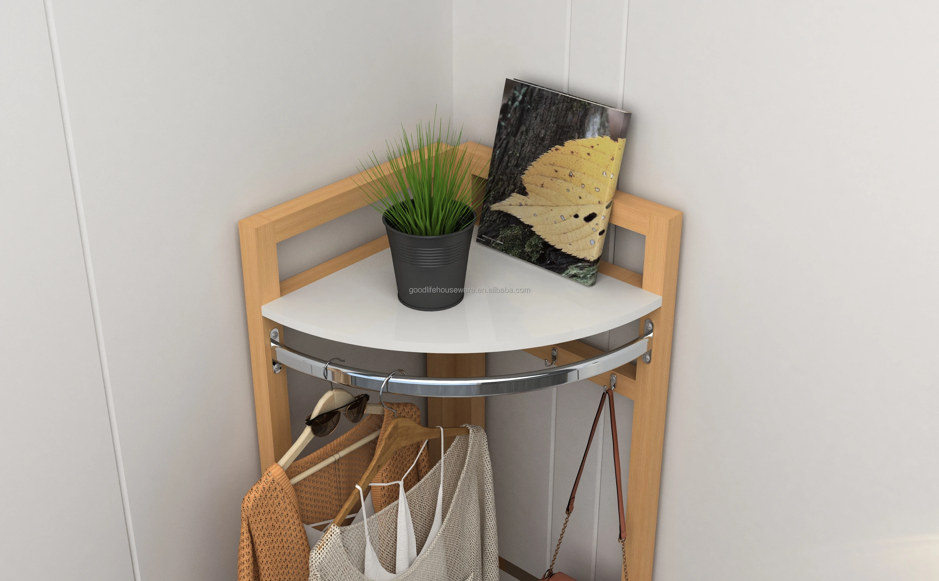 Wooden corner 4-tier shelf free standing Hanger Multifunctional Hallway Storage rack corner shelf