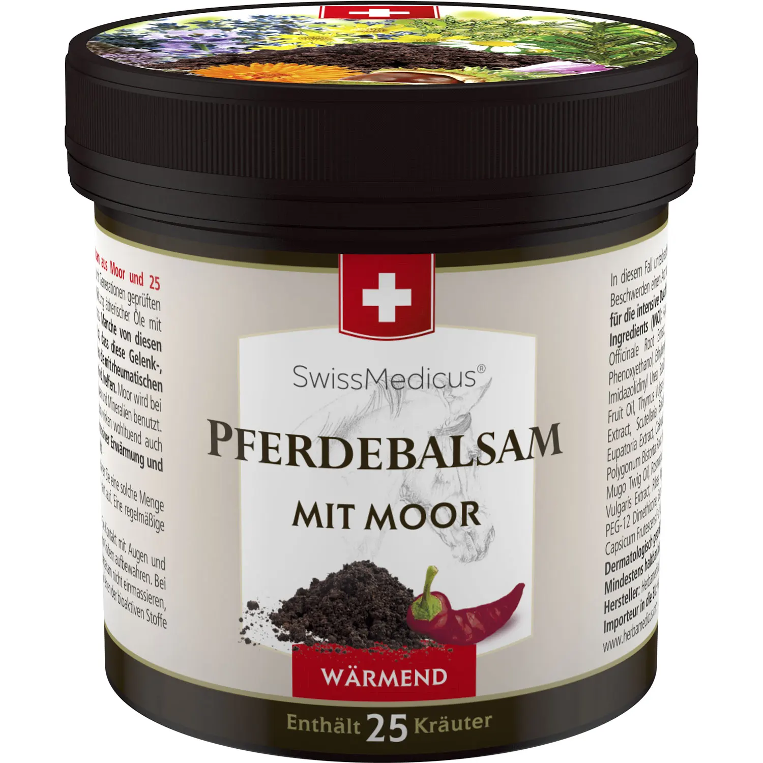 SwissMedicus Pferdebalsam with Peat warming Herbal balsam, Swiss quality, Pain relief cream with chilli, Varicose veins 250 ml