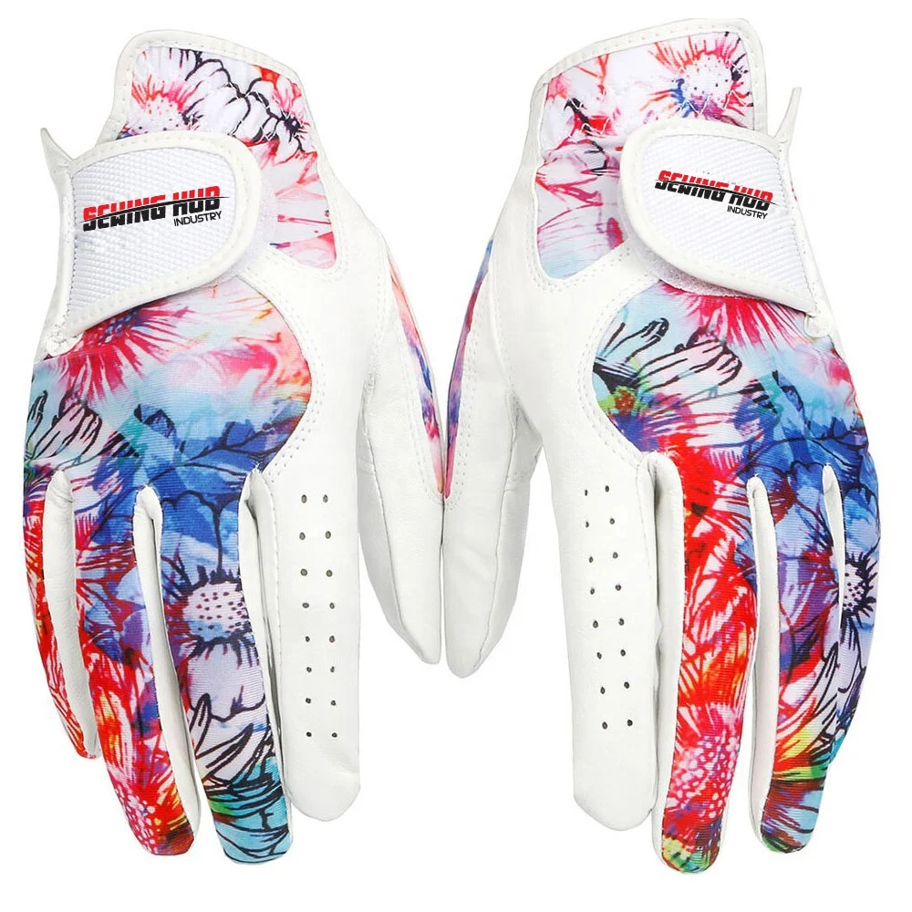 Hot Customize Design Logo Green and White Colored Cabretta Leather Zero Friction Womens Men Golf Gloves