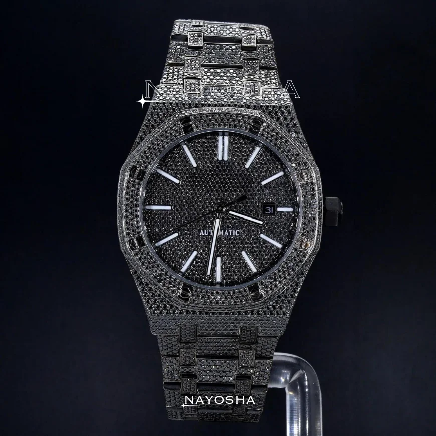 Top Brand Custom Luxury Bling Quartz Iced Out Round Men Hip Hop Full Black Stainless Steel Belt Moissanite Diamond Wristwatch