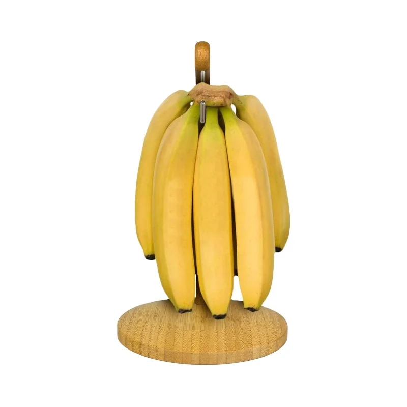 Bamboo Banana Stand Holder with Stainless Steel Hanging Hook for Kitchen Countertop to Keep Bananas and Fruit Fresh