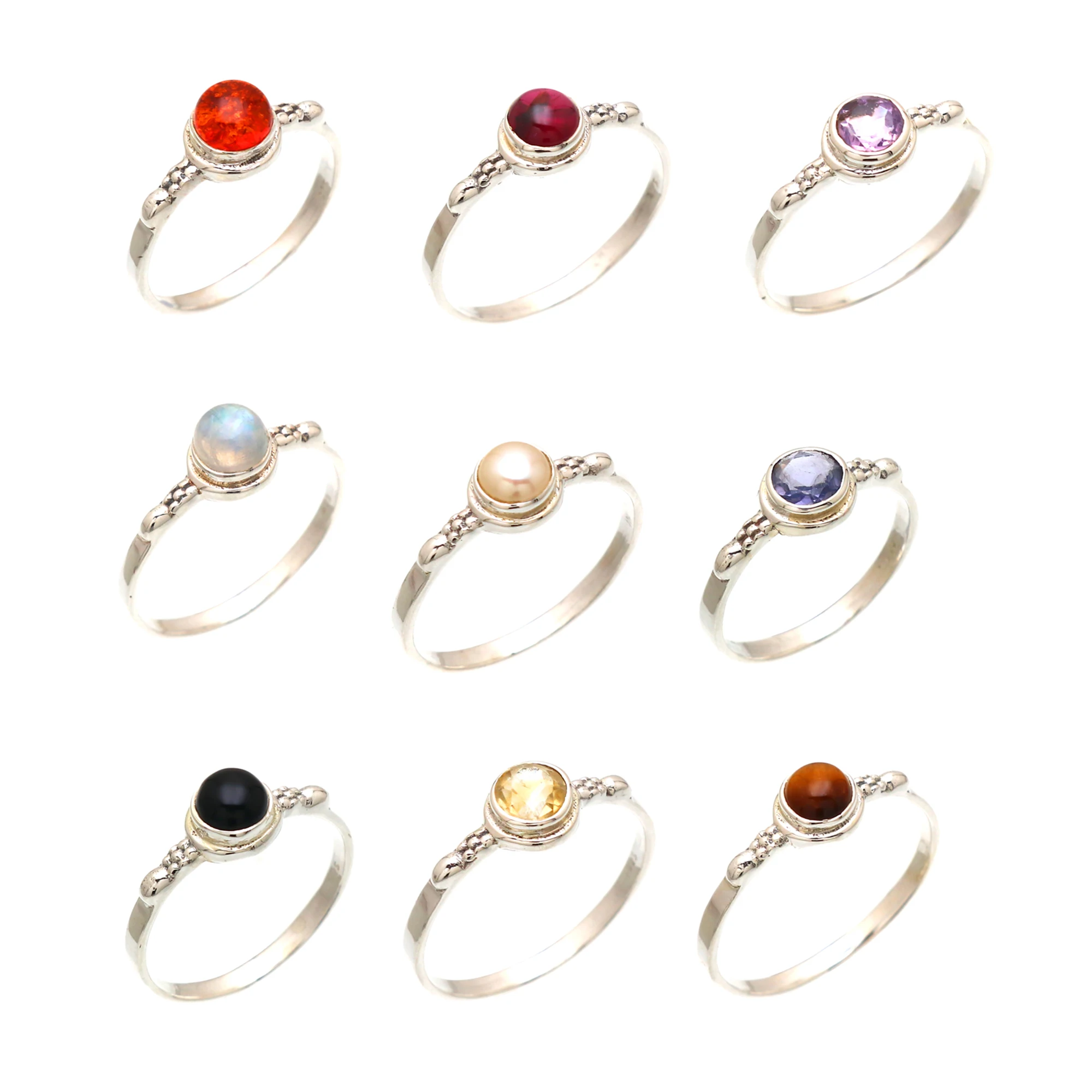 Wholesale Natural 925 Sterling Silver Ring Handmade Birthstone Wedding Gift Mom Wife-Amber Amethyst Garnet Iolite Citrine Pearl