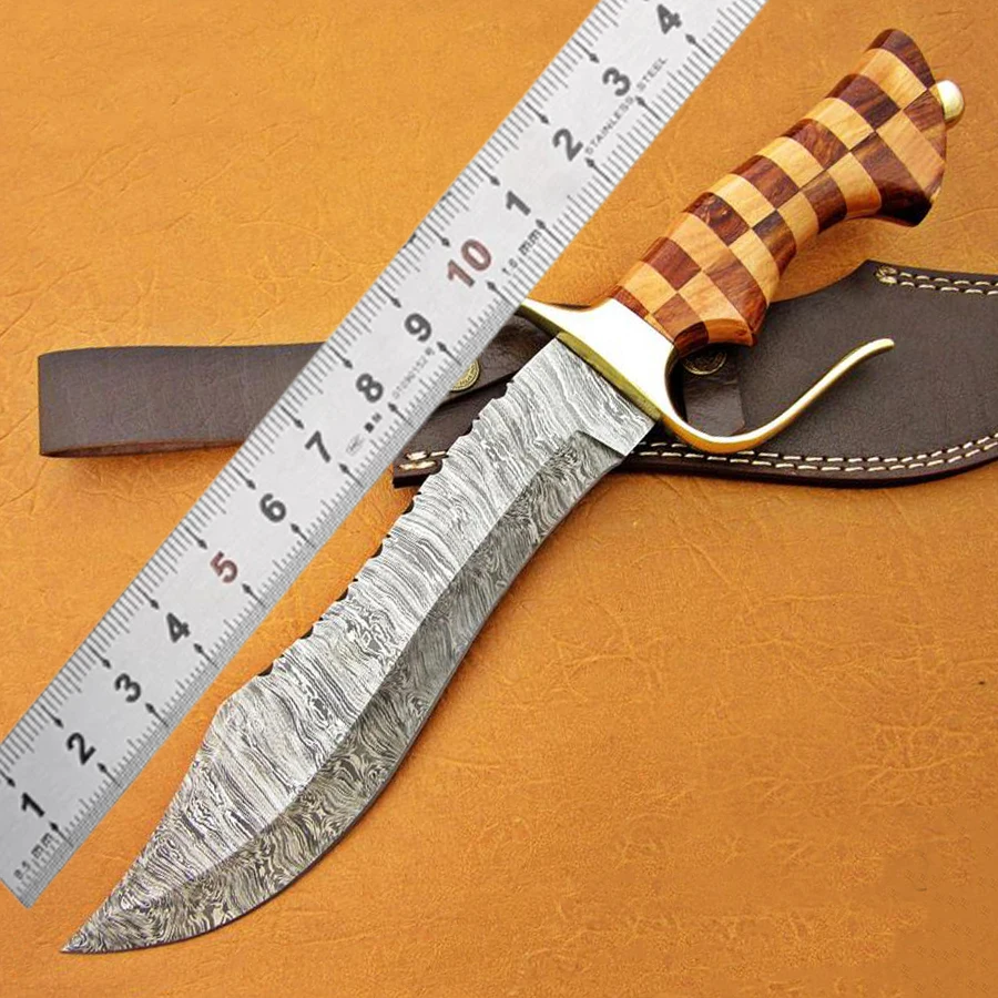 Custom handmade Damascus Hunting knife with brass guard and wood handle with leather sheath