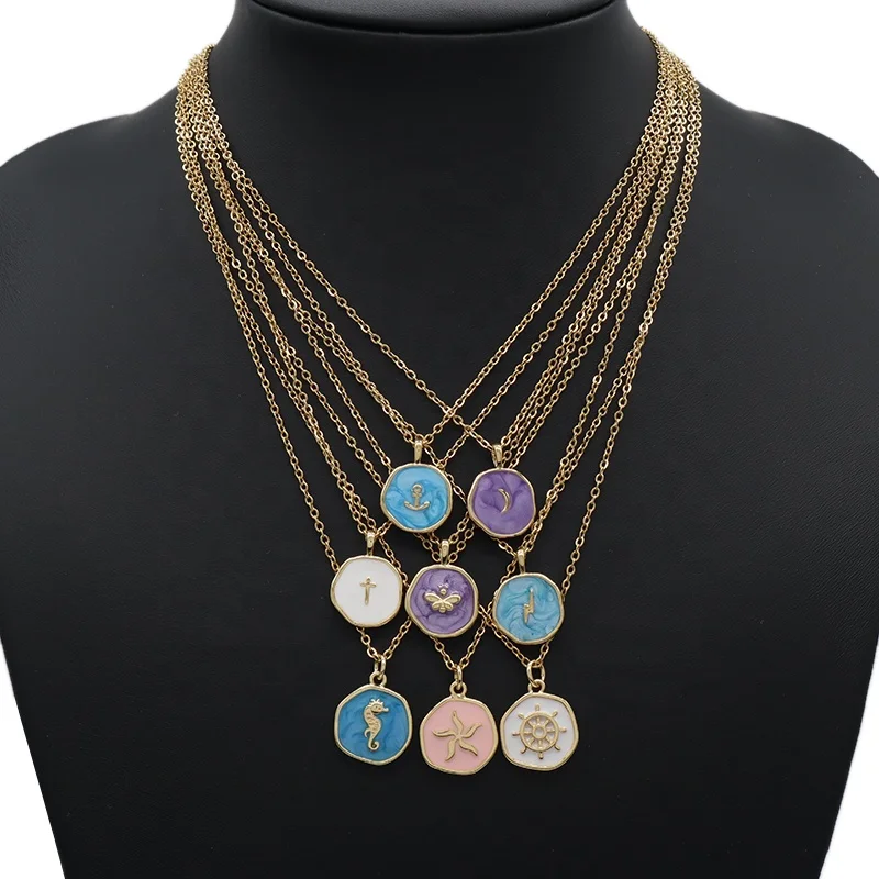 Fashion Round Gold plated stainless steel Chain Enamel Cross Lighting Anchor Moon Butterfly Sea Horse Sea Star Pendant Necklace