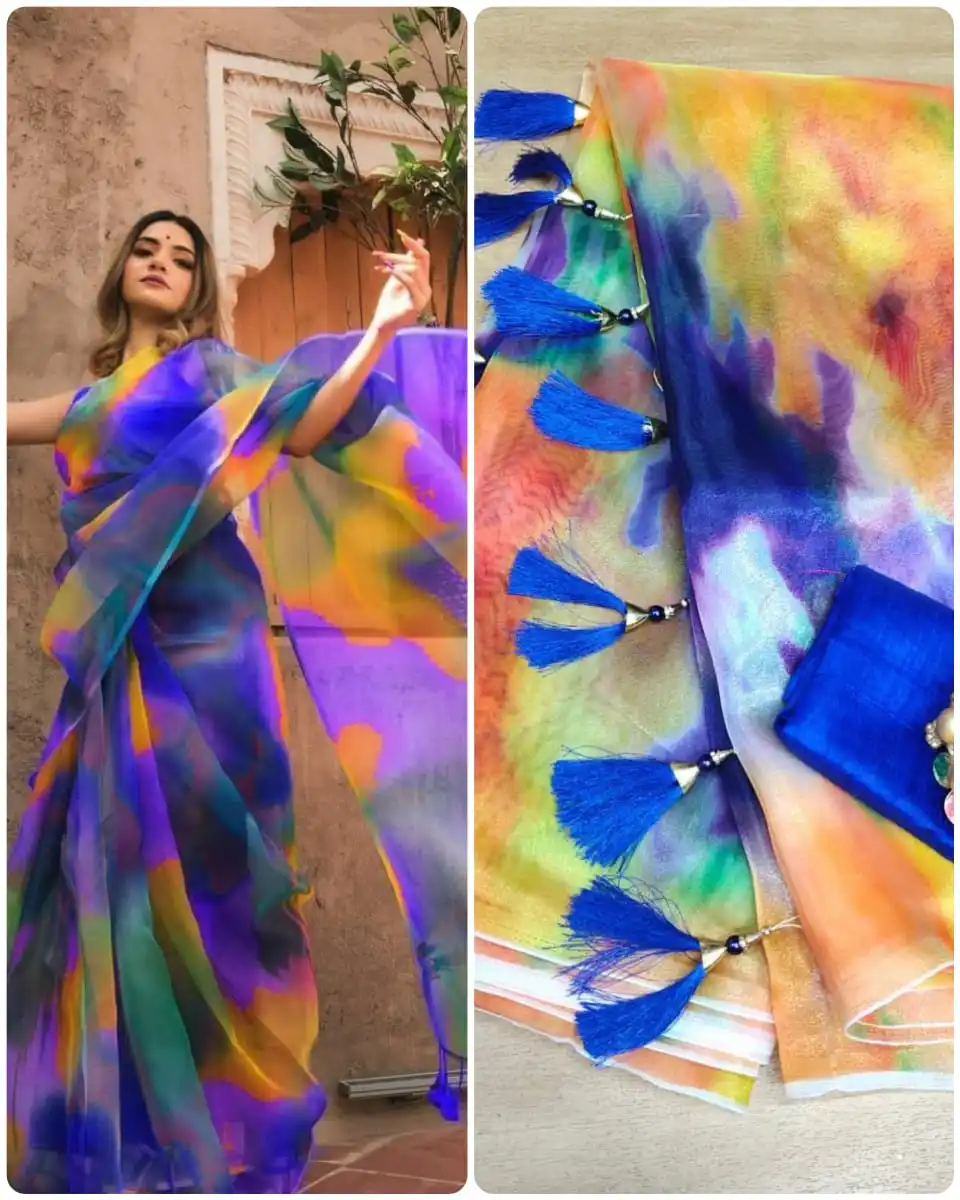 Indian Style Clothes Fancy Organza Silk Saree with Banglory Silk Plain Blouse Material Beautiful Digital Flower Printed Saree