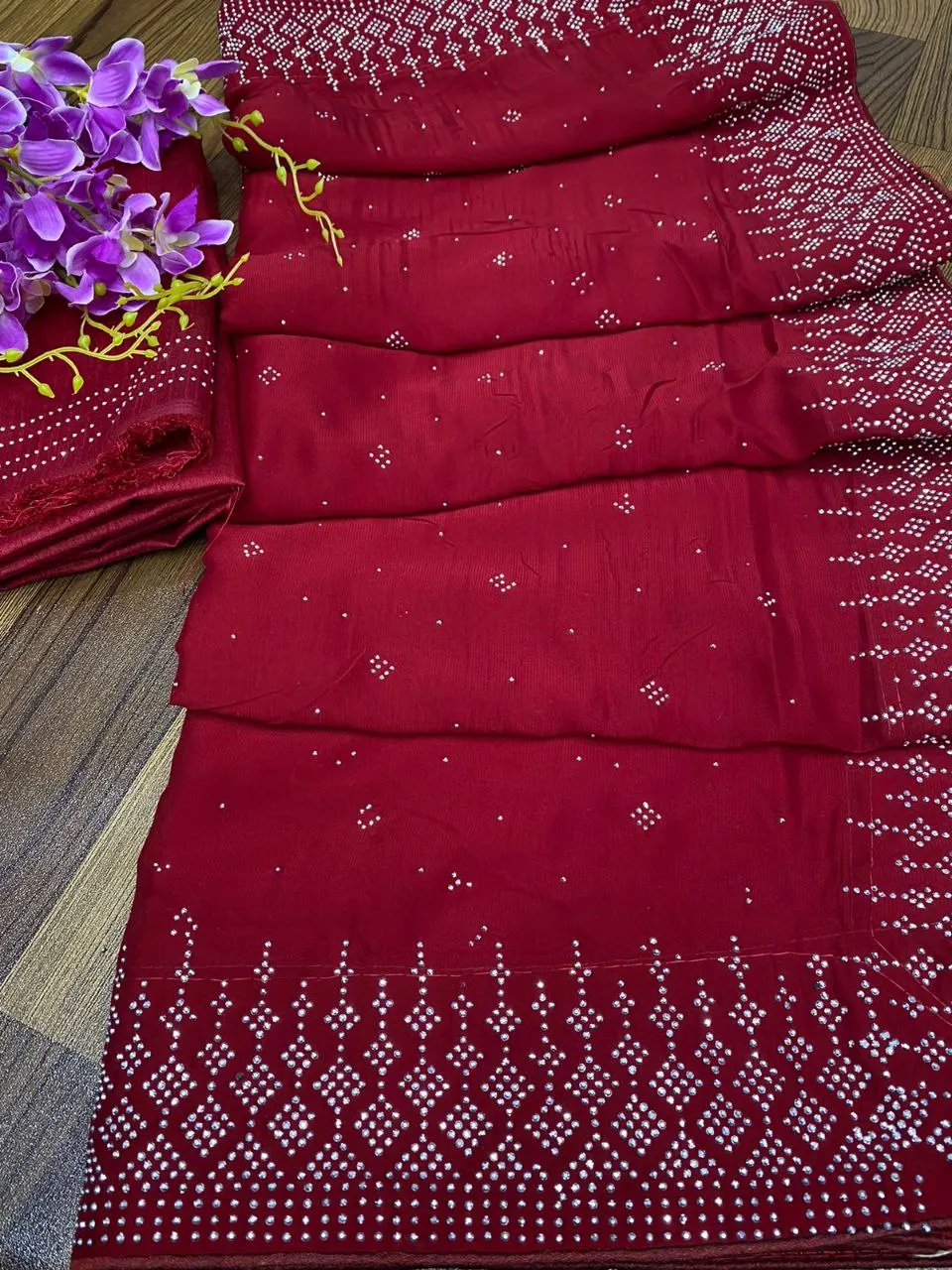Soft Rangoli Silk Fabric With Designer Diamond  Work Along With Matching Blouse & Piping