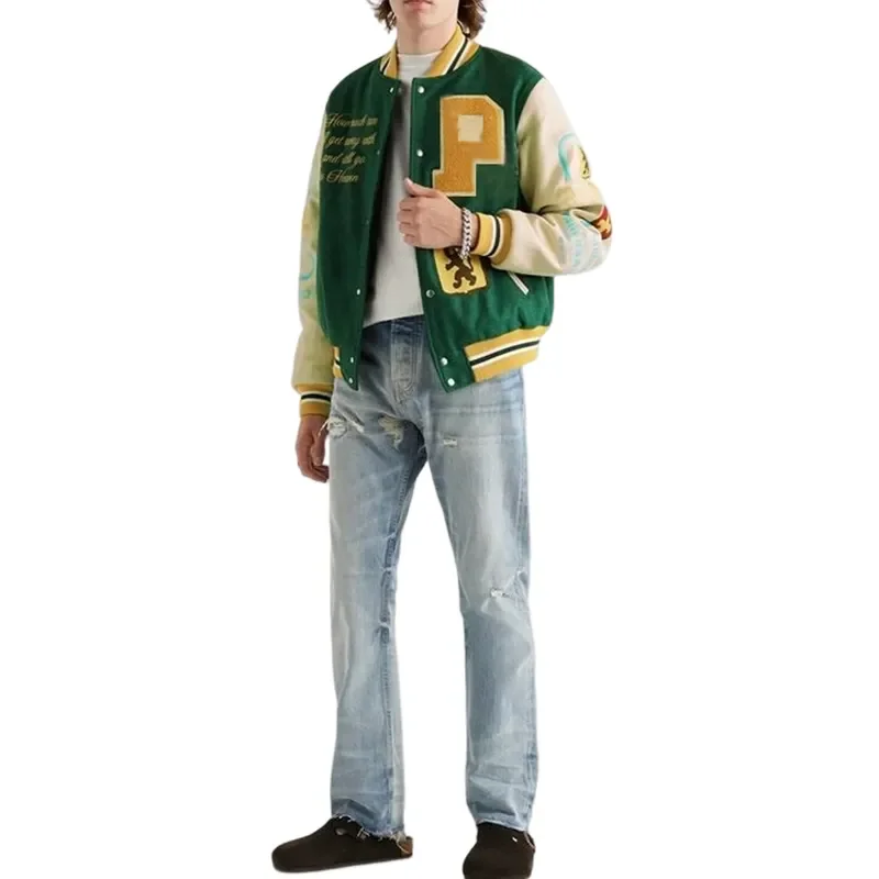 OEM High Quality Golden Leather Sleeve Custom Logo College Outdoor Varsity Letterman Jackets Plus Size Men Varsity Jacket